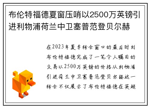 布伦特福德夏窗压哨以2500万英镑引进利物浦荷兰中卫塞普范登贝尔赫